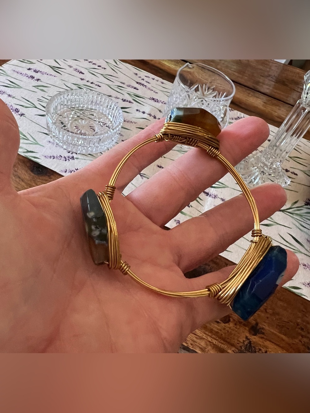 Gold Wire Wrapped Bracelet with Blue and Gray Stone Accents